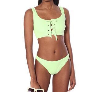 GANNI Net Sustain Lace-Up Ribbed Bikini in Patina Green
